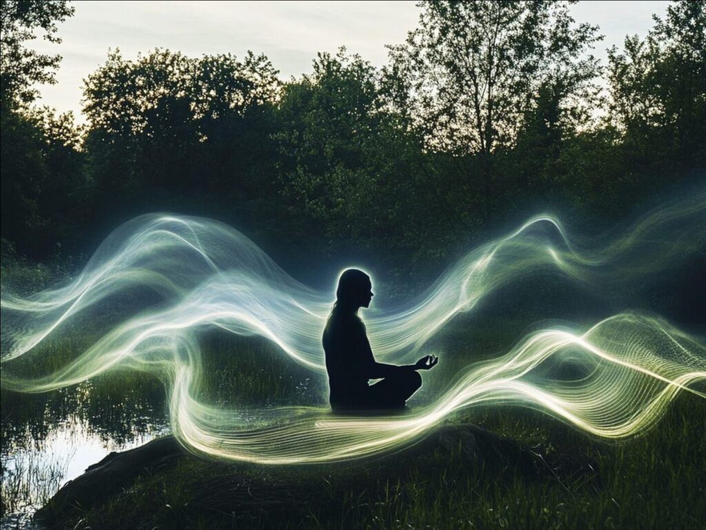 Reset the flow of your energy | Courageous Shifts™ Silhouette of a person meditating on a rock by a calm lake, with swirling glowing energy ribbons around them.