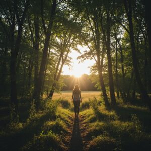 Journey Revealed image woman standing at the threshold between the forest and sunlit clearing